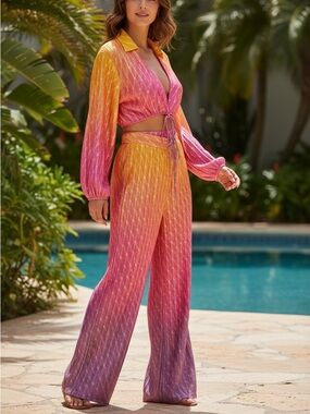 Rococo Sand Pleated Ombre Tie-Front Crop Top and Wide-Leg Pants Set Size M